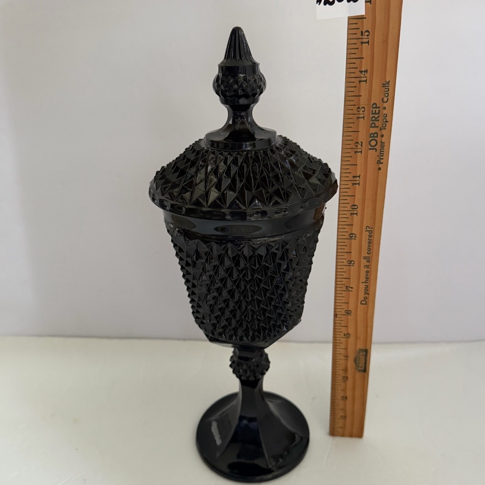 VTG Black Indiana Glass Diamond Point Covered Jar 15,5” - Picture 5 of 16